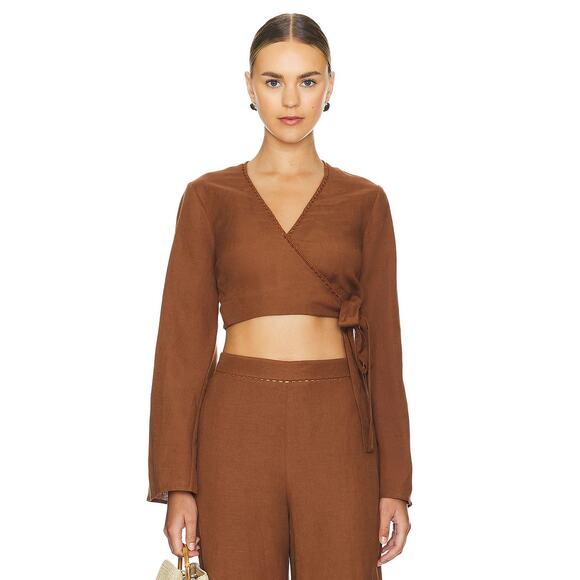 SIMKHAI Hailey Wrap Crop Crochet Trim Top Small - Picture 1 of 10
